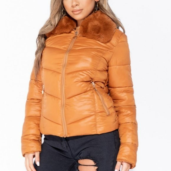 Long Sleeve Faux Fur Collar Padded Puffer Jacket - Picture 8 of 9
